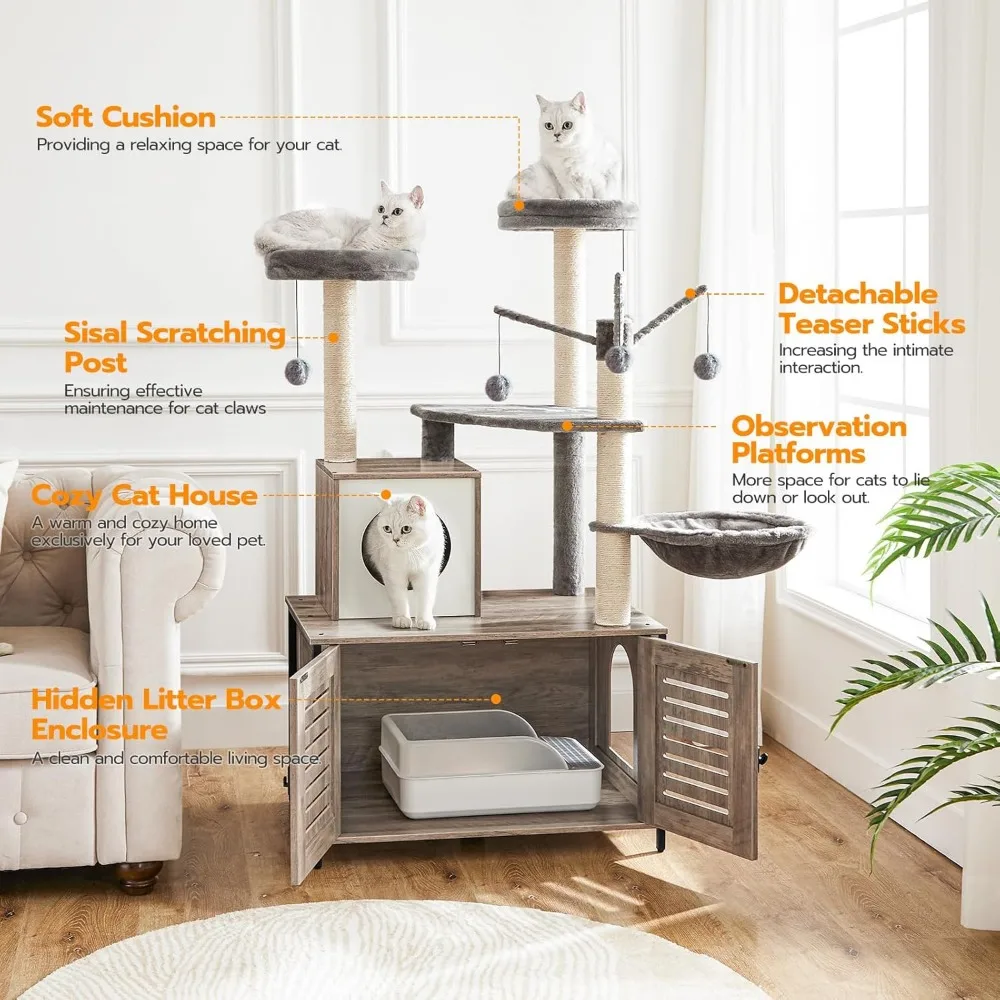 برج قطط خشبي الكل في واحد مع حاوية صندوق فضلات، 27.6 لتر × 18.9 عرض × 52 ارتفاع، أثاث داخلي للقطط