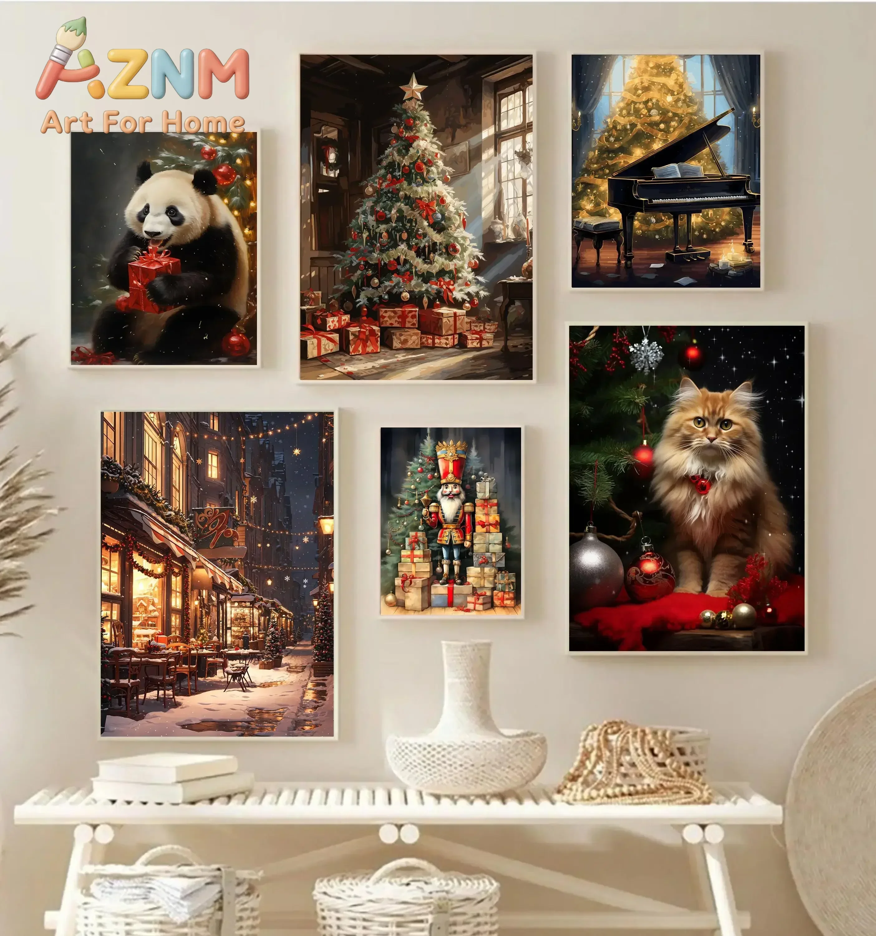 AZNM Christmas Snow Globe Santa Canvas Wall Art, Holiday Winter Scene Print, Decor for Living Room, Entryway and Xmas Party