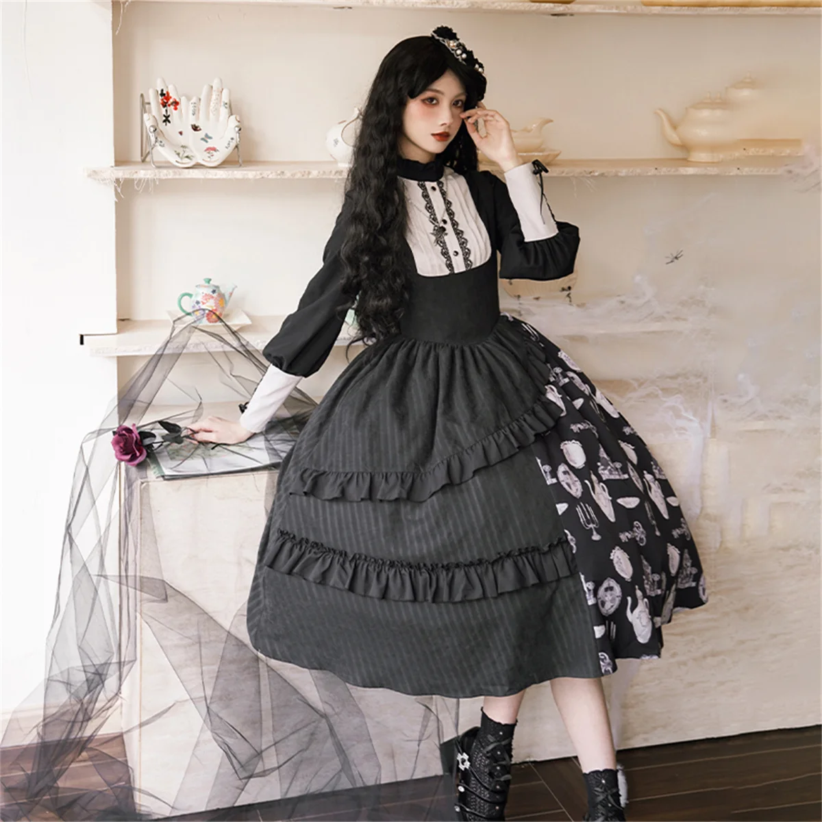 French Vintage Withpuji Lolita Sk Suit Gothic Girl Cosplay Ruffle Printing Candlesticks Teapot  Backless Ribbon Bowknot Dress