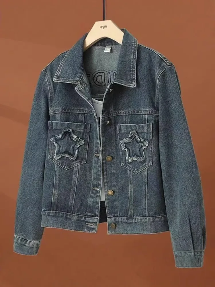 Fashionable retro five pointed star design top 2025 spring new style stylish and versatile denim jacket for women