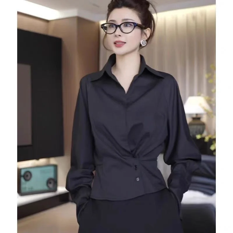 

Long Sleeve Shirts Womens Cotton Button Down Tops Turn Collar Lantern Sleeves Pleated Hem Preppy Feminine Minimalist Retro