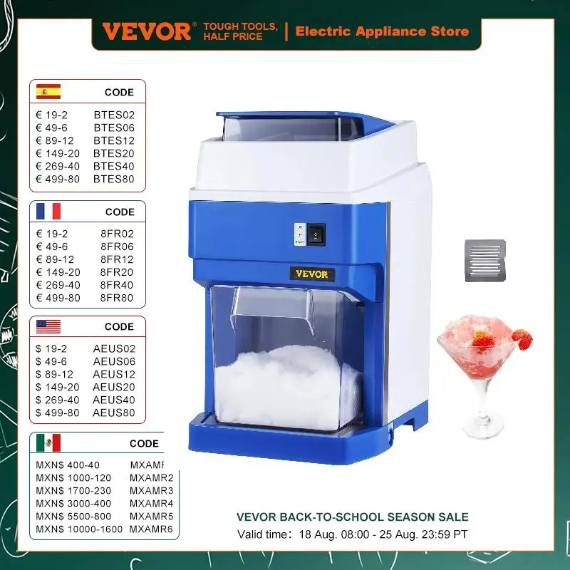 VEVOR Machine à Glace Pilée Commerciale Broyeur à Glace Électrique 120kg/h 650W