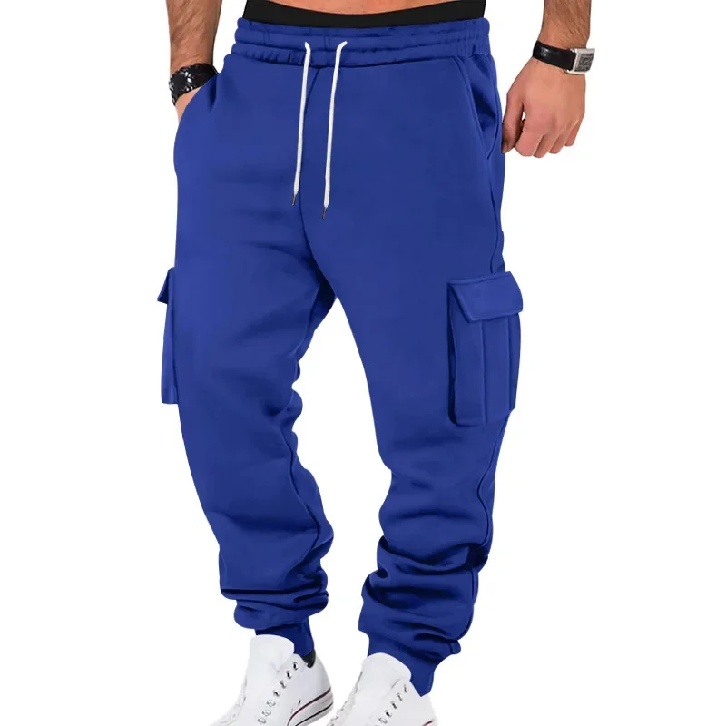 New Autumn Winter Fleece Lined Men's Sweatpants Multi-Pocket Drawstring Cargo Pants Outdoor Sports Joggers Cuffed Sweatpants