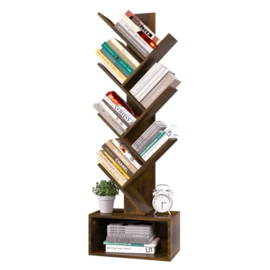 

Tree Bookshelf - 6 Shelf Retro Floor Standing Bookcase Tall Wood Book Storage Rack for CDs/Movies/Books Utility Book Organizer