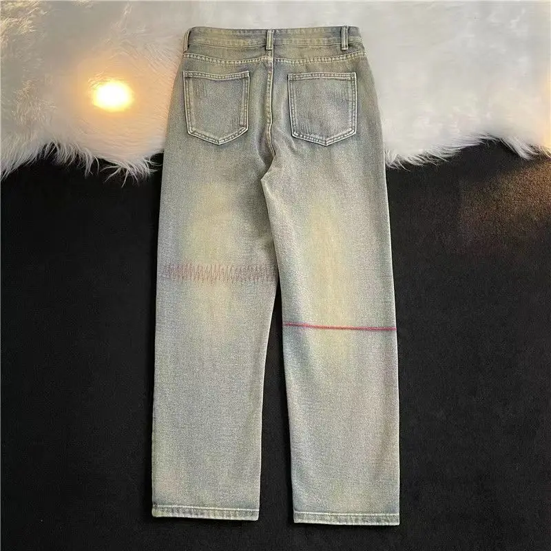 Straight-leg jeans for men and women American high-street design niche autumn and winter high-waist slim floor-length trousers