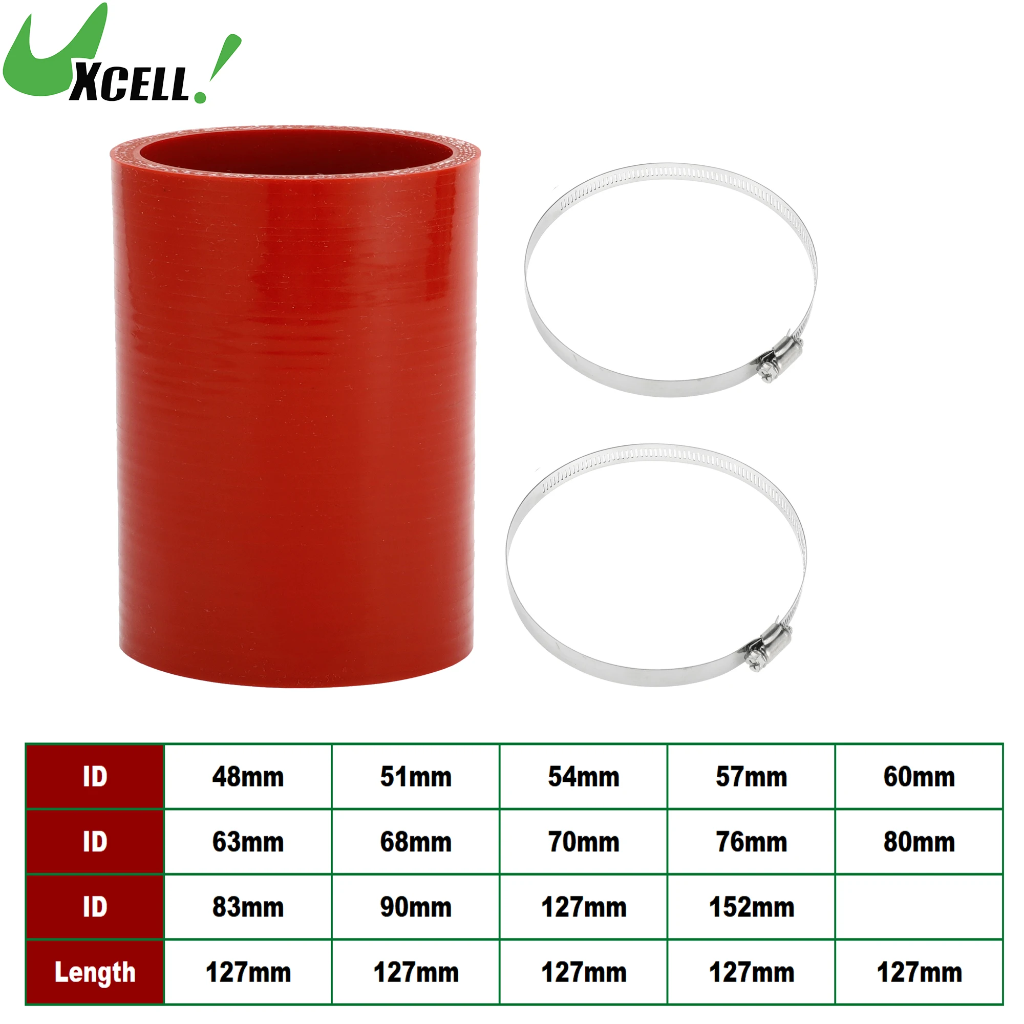 

UXCELL 48/51/54/57/60/63/65/68/70/76/80/83/90/102/127/152mm ID 127mm Long 0 Degree Car Silicone Coolant Hose w/ Clamps Red