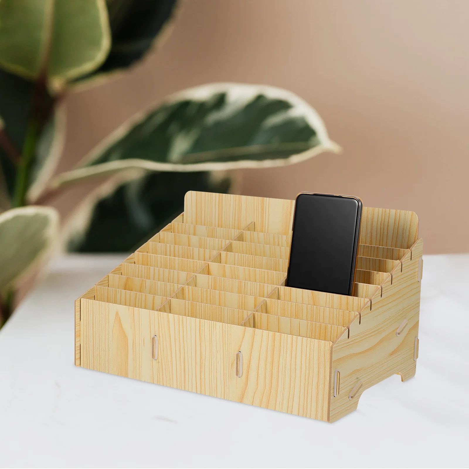 

Office Mobile Phone Organizing Box Temporary Wooden Multi-Grid Phone Storage Display Holder Desktop Cellphone Management Case