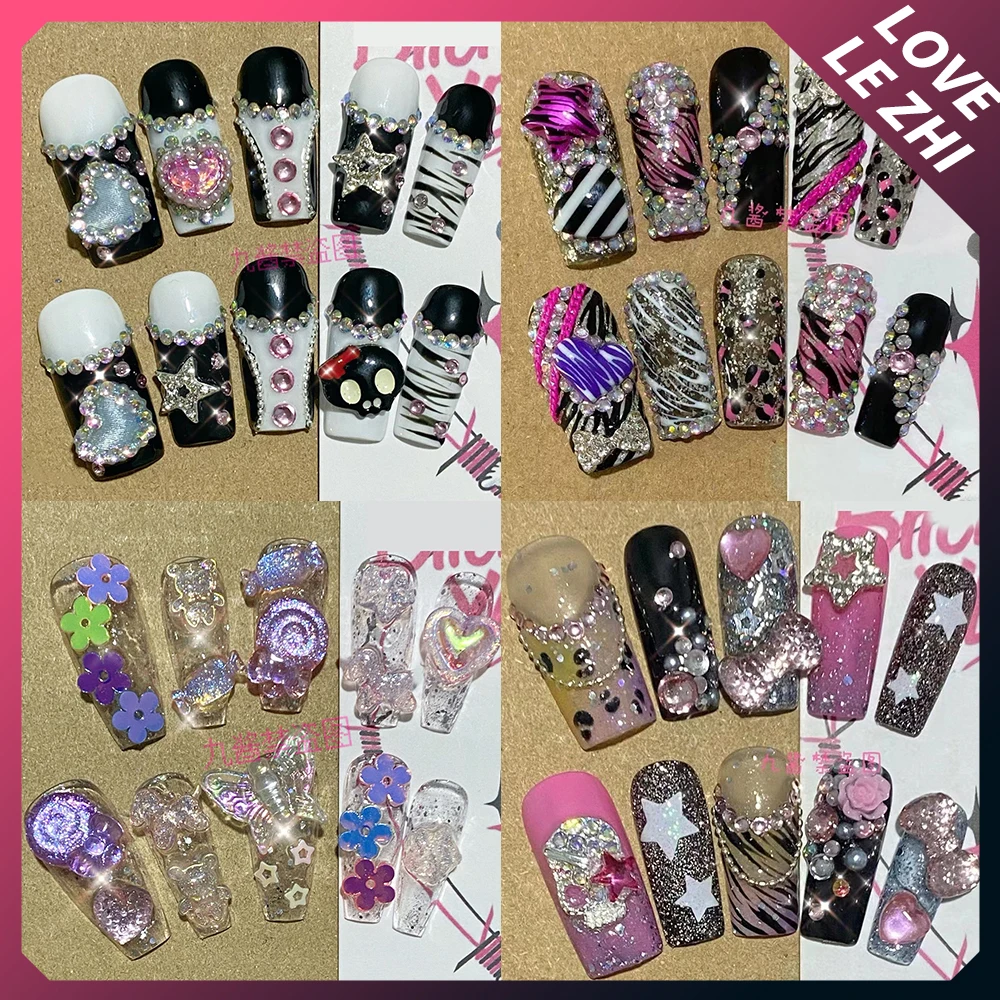 

Y2K Long Ballet Punk Rivet Handmade Press On Nails Diy Zebra Leopard Print Full Cover Star Lace Love Diamond Fake Nails Gift