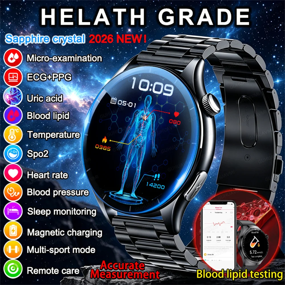 New Smart Watch for Men 1.43 inch Amoeld Screen Physical Examination Blood oxygen Pressure Fat Call Health ECG+PPG Smartwatch