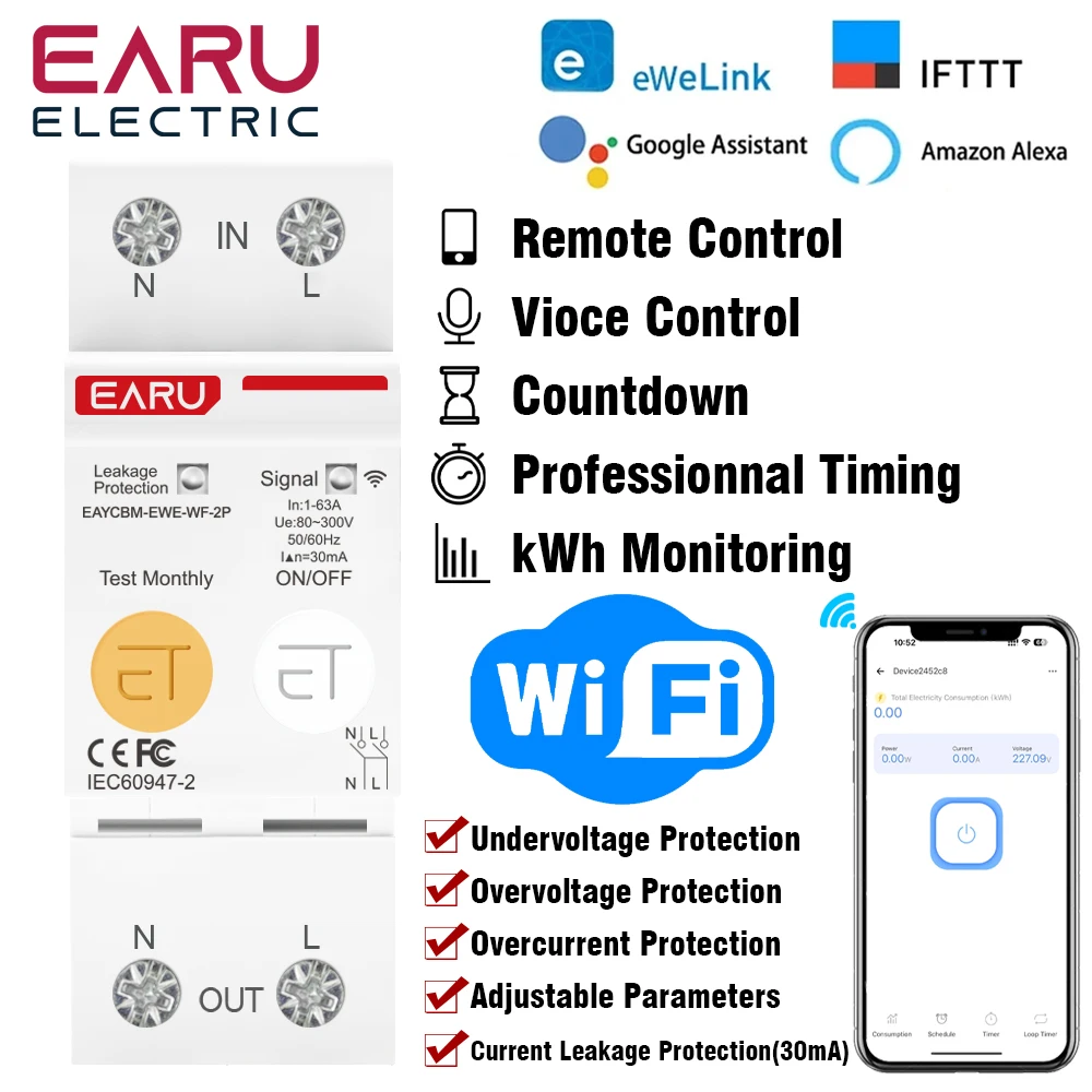 eWeLink WiFi Smart Circuit Breaker MCB 2P 63A Switch Energy Meter Timer Relay kWh Voltage Current Protector Voice Remote Control