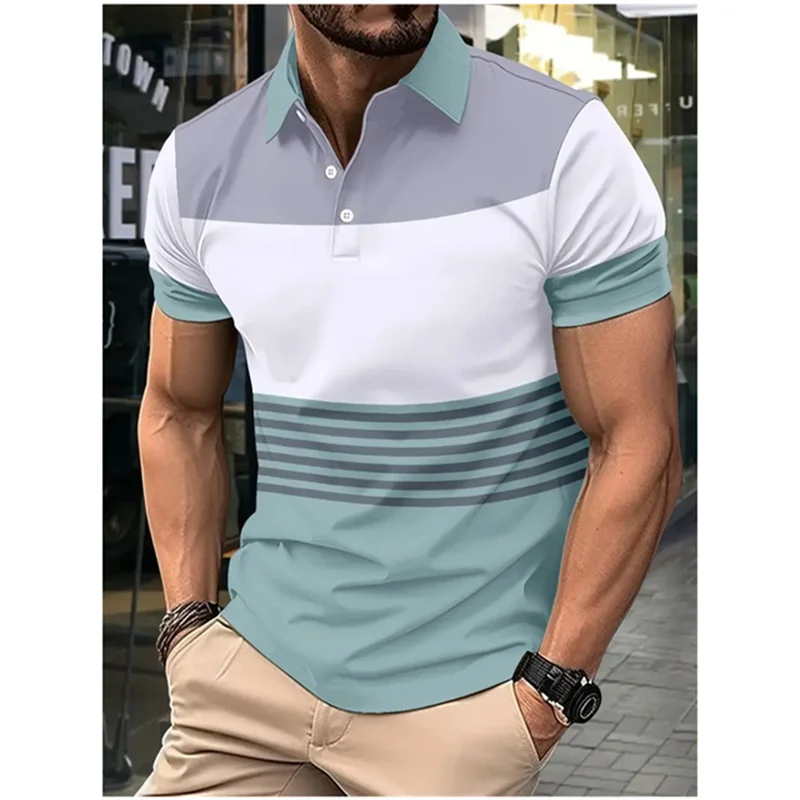 Camisa polo bloqueadora de cores masculina, roupa casual de negócios, lapela respirável confortável, blusa manga curta, moda minimalista