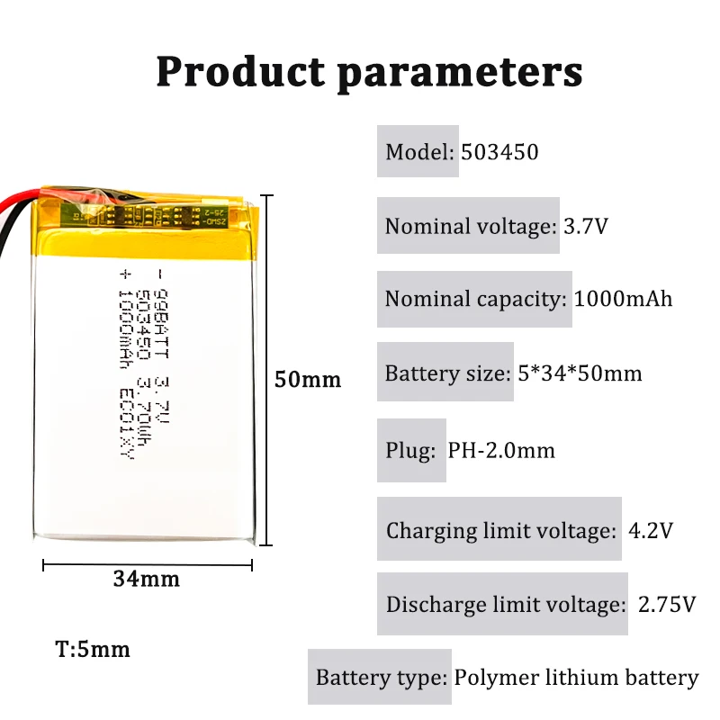 3.7V Lithium Polymer Battery 503450 1000mAh for MP3 MP4 GPS Bluetooth Speaker Smart Phone LED Lamp 523450 Rechargeable Batteries