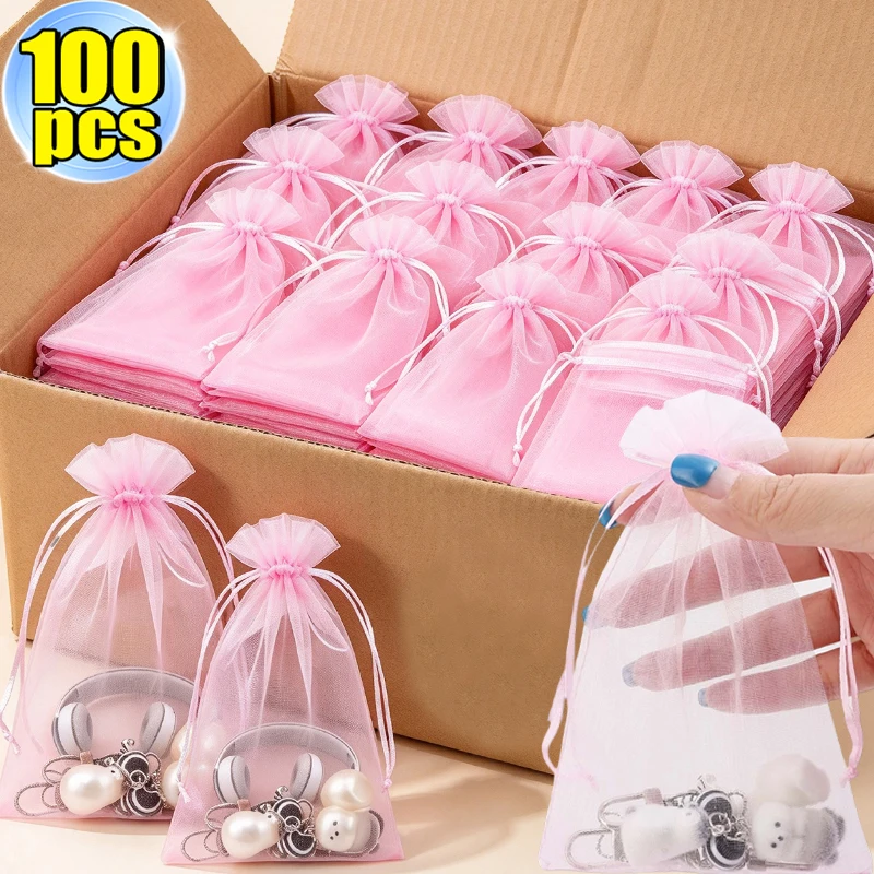 10-100pcs Jewelry Packaging Bag Organza Bags Pink Storage Wedding Drawstring Pouches Multi Size Small Medium Large Organza Bag