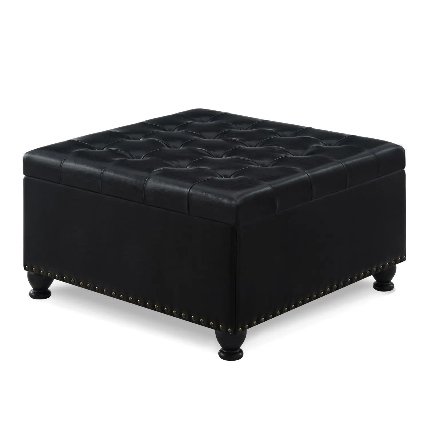 Large black square storage floor mat with wooden leg button tufted coffee table nail decoration for living spaces