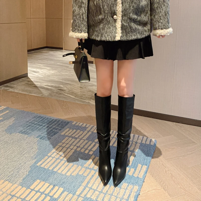 NEW Fall Shoes Women Pointed Toe Stiletto Split Leather Boots for Women INS Fashion Sexy Knee-high Boots Pleated High Heel Boots