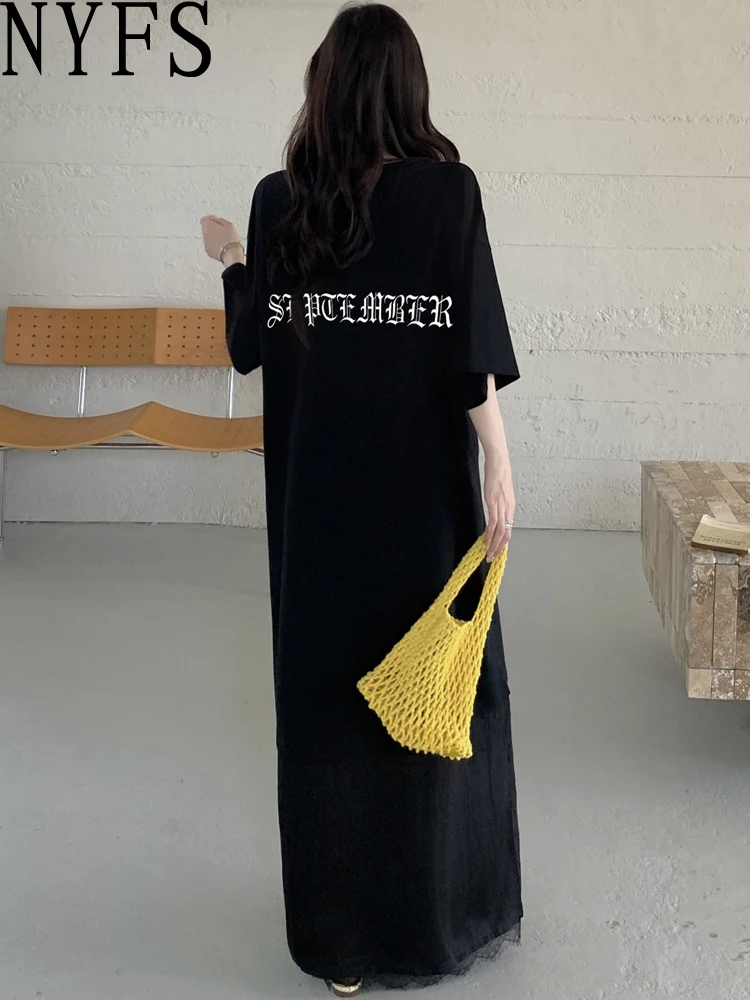 NYFS 2025 الكورية نمط المرأة الصيف فضفاض حجم كبير الدانتيل المرقعة قصيرة الأكمام إلكتروني طباعة فستان طويل رداء Elbise