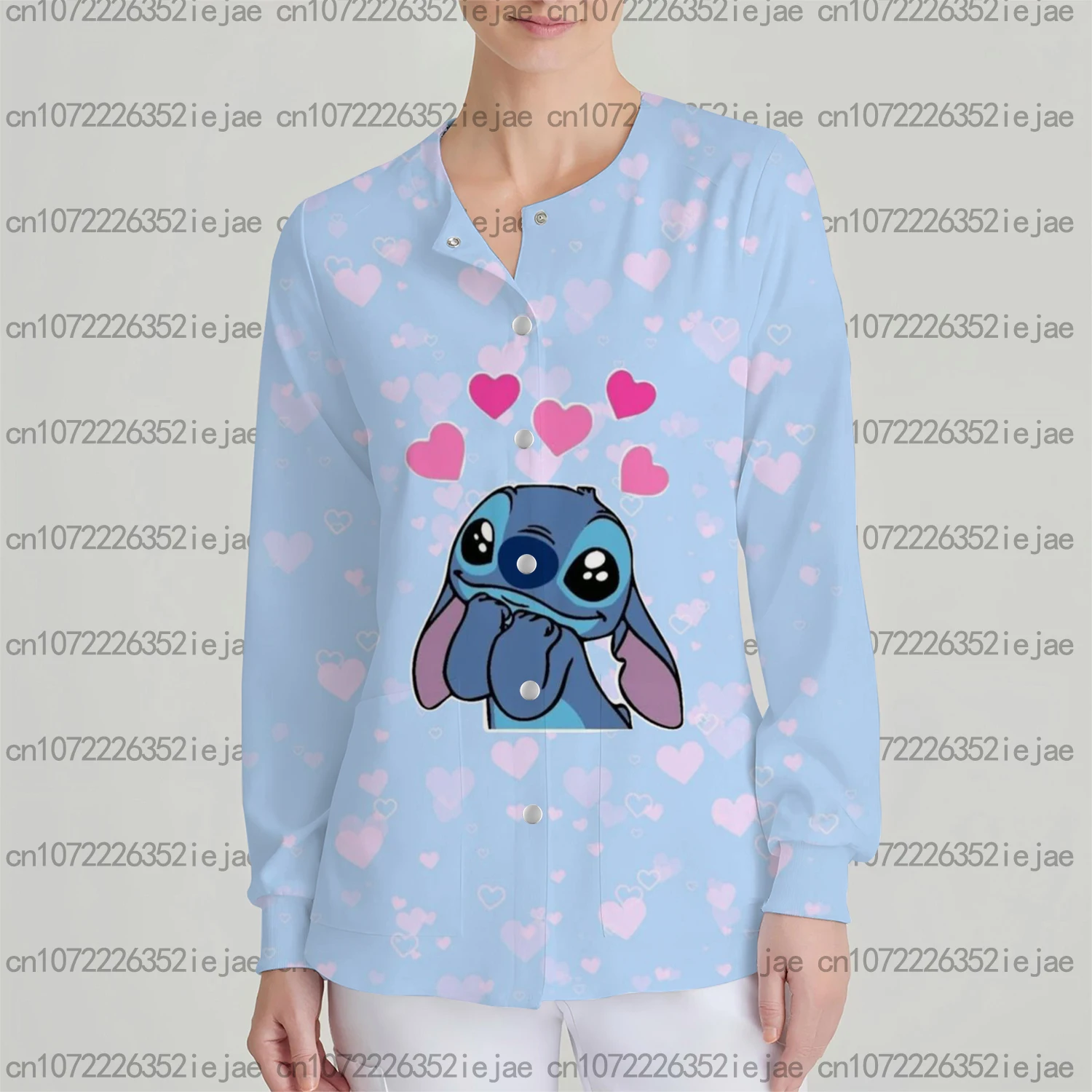 Abrigo de enfermera holgado informal con bolsillo y manga larga con estampado de Stitch de Disney para mujer, ropa de trabajo para dentista, bata quirúrgica, chaqueta exfoliante