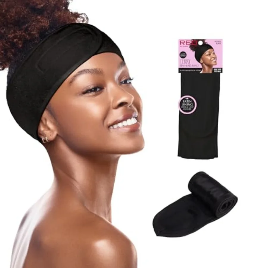 

Red by Kiss Spa Headband for Washing Face, Adjustable Velcro Wrap Facial Makeup Hair Band Silky Satin Lining Terry Clothe for S
