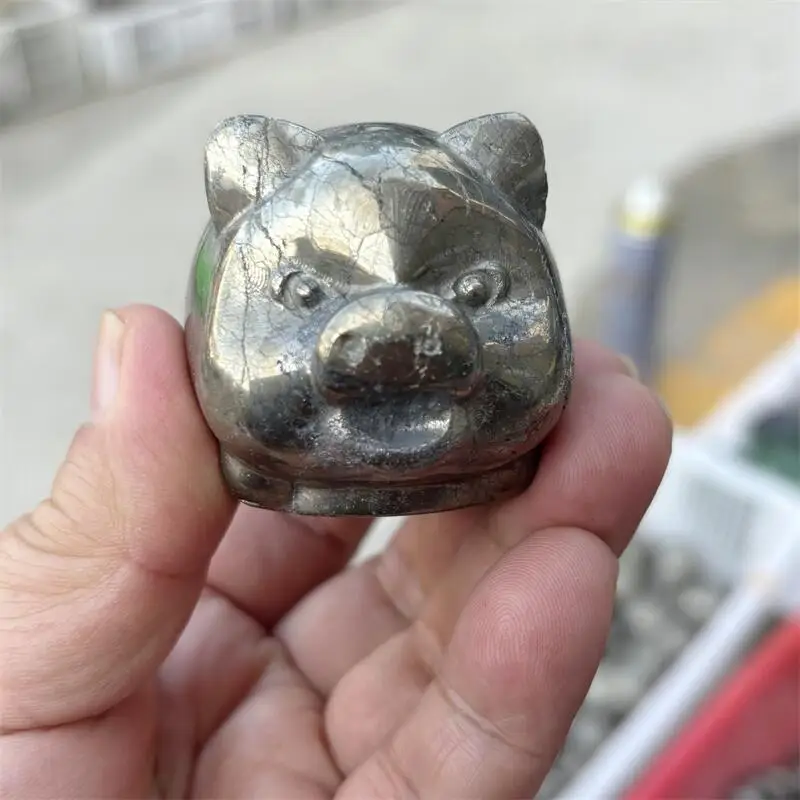 Natural Pyrite Pig Carving Handmade Animal Powerful Statue For Home Decoration Lucky Gift 1pcs
