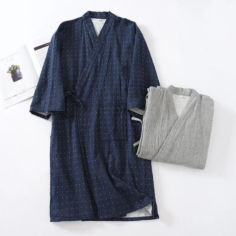 Spring Autumn 100%Cotton Bathrobe Japanese-Style Kimono Men Gauze Robe kimono Bathrobe Men Sweat Steaming Sleepwear Халат kimono