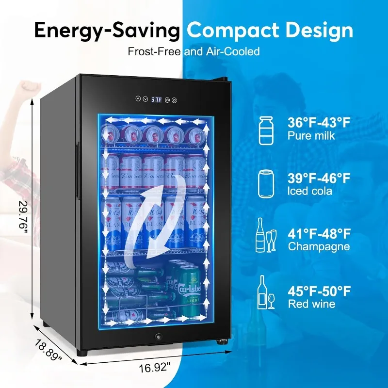 Beverage Refrigerator 17 inch Wide - 126 Can Beverage Cooler with Glass Door | Counter-Top,Temperature Memory | Invisible Door