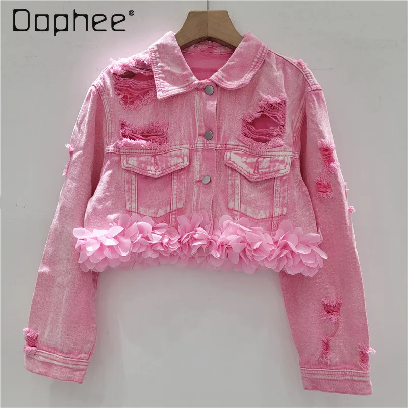 

Women Jacket Fashionable Lace Patchwork Versatile Distressed Single-Breasted Long Sleeve Denim Short Jacket 2025 Autumn New