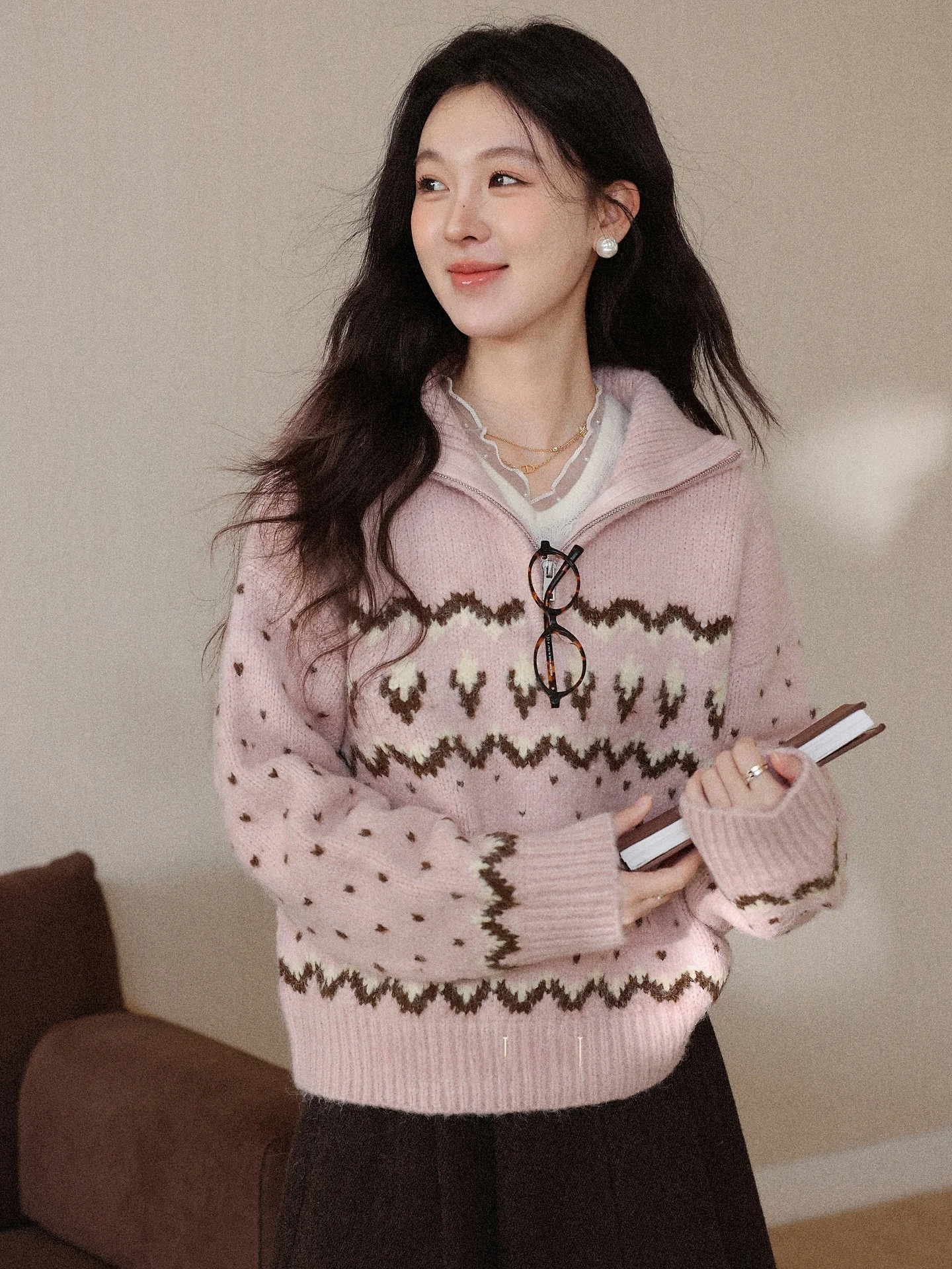 

Loose Woolen Sweater Women's Autumn Winter Ele Sle Velvet Pink f Zipper Collar Fce Soft Knitted Top for Ladies