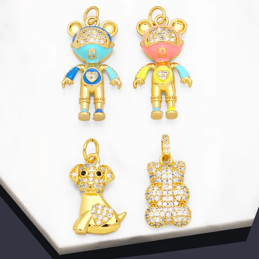 OCESRIO Trendy Paved Cute Bear Pendant for Necklace Copper Gold Plated CZ Dog Animal Jewelry Making Supplies pdta968