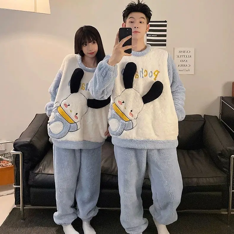 Cartoon Sanrios Cinnamoroll Pajamas Women Men Thickened Coral Velvet Anime Kuromi Autumn Winter Couple Warm Soft Home Clothes