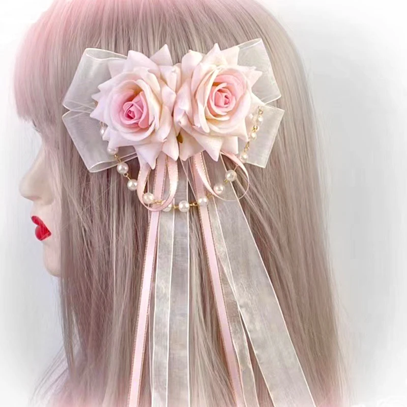 Grande Bowknot Rose Flower Lace Hair Clip, Lolita Long Ribbon Hairpin, Ponytail Hair Bands, Acessórios para o cabelo, Doce