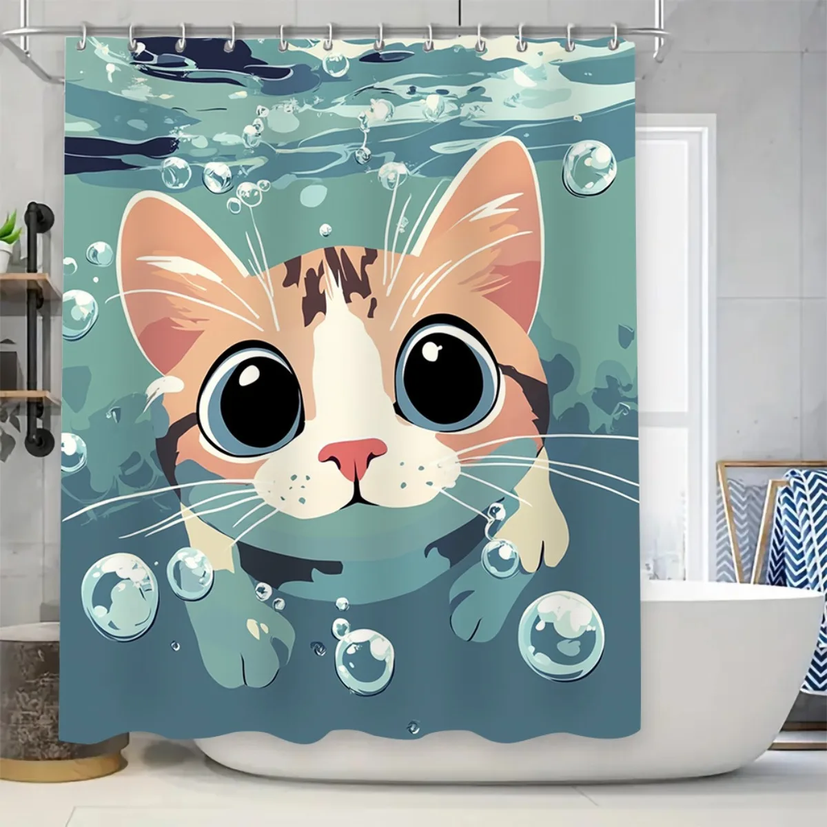 4pcs Cartoon Cute Popular High-Quality High Quality Shower Curtain with Cute Cat Design and Matching Non-Slip Bath Mat Set