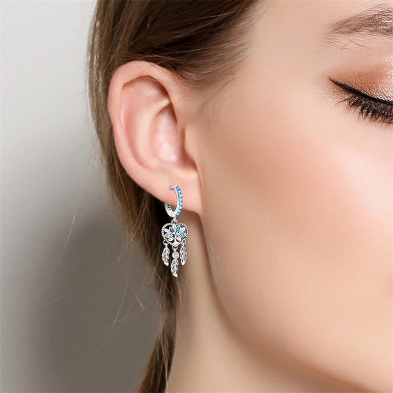 New 925 Silver Plated Shiny Dream Catcher Feather Earrings For Women Exquisite Butterfly Earrings Fashion Birthday Jewelry