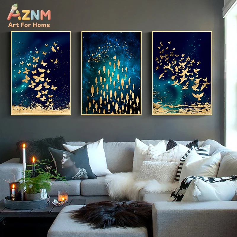 3PCS Navy Blue Gold Foil Butterfly Fish Bird Abstract Canvas Prints Modern Luxury Wall Art Posters for Living Room Bedroom Home