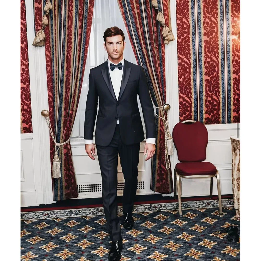 

2023 New Style Wedding Suits For Men Black Satin Peak Lapel Business Casual Formal Costume Homme Slim Fit 2 Pcs Set Jacket Pants