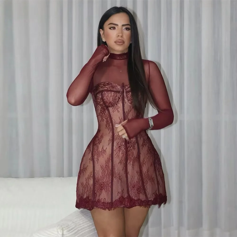 Burgundy High Neck Mesh Mini Dress Long Sleeve Floral Lace Corset Bodycon Evening Club Party Short Dresses