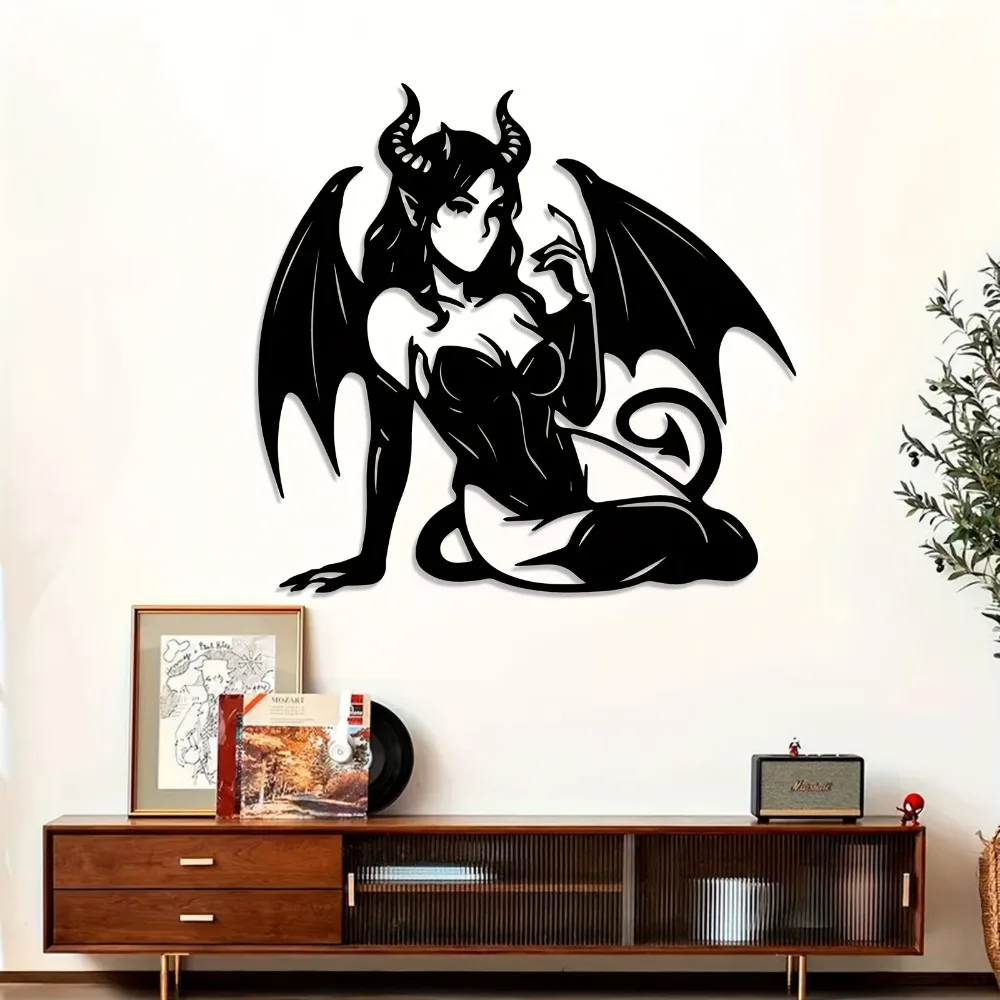 Enigmatic Metal Wall Art of Winged Gothic Woman, Dark Fantasy Decor for Home, Unique Vampire-Inspired Sculpture