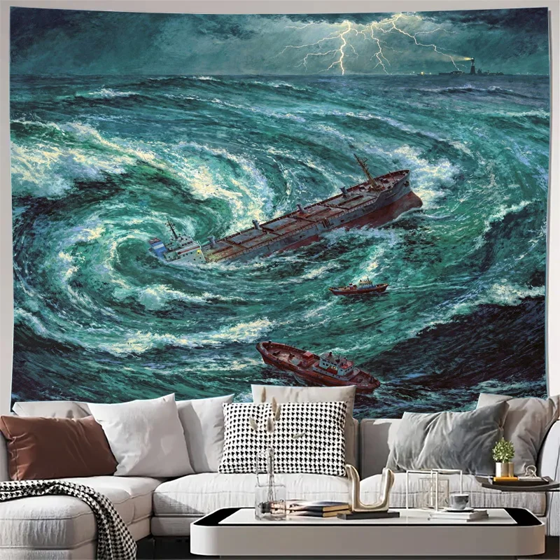 Dramatic Ocean Storm Tapestry Wall Hanging Nautical Shipwreck Art Decor Canvas Print Maritime Disaster Sea Background Mural for