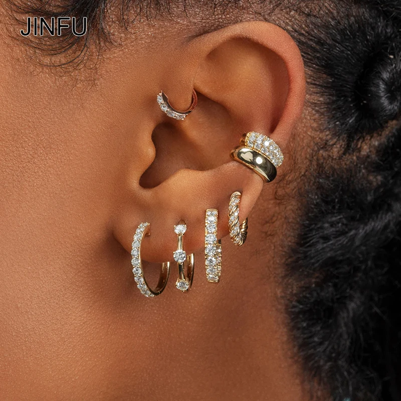 JINFU Gold-plated Hoop Earrings for Women Vintage Piercing Cubic Zirconia Women's Huggies Earrings Set 2023 Jewelry Wholesale