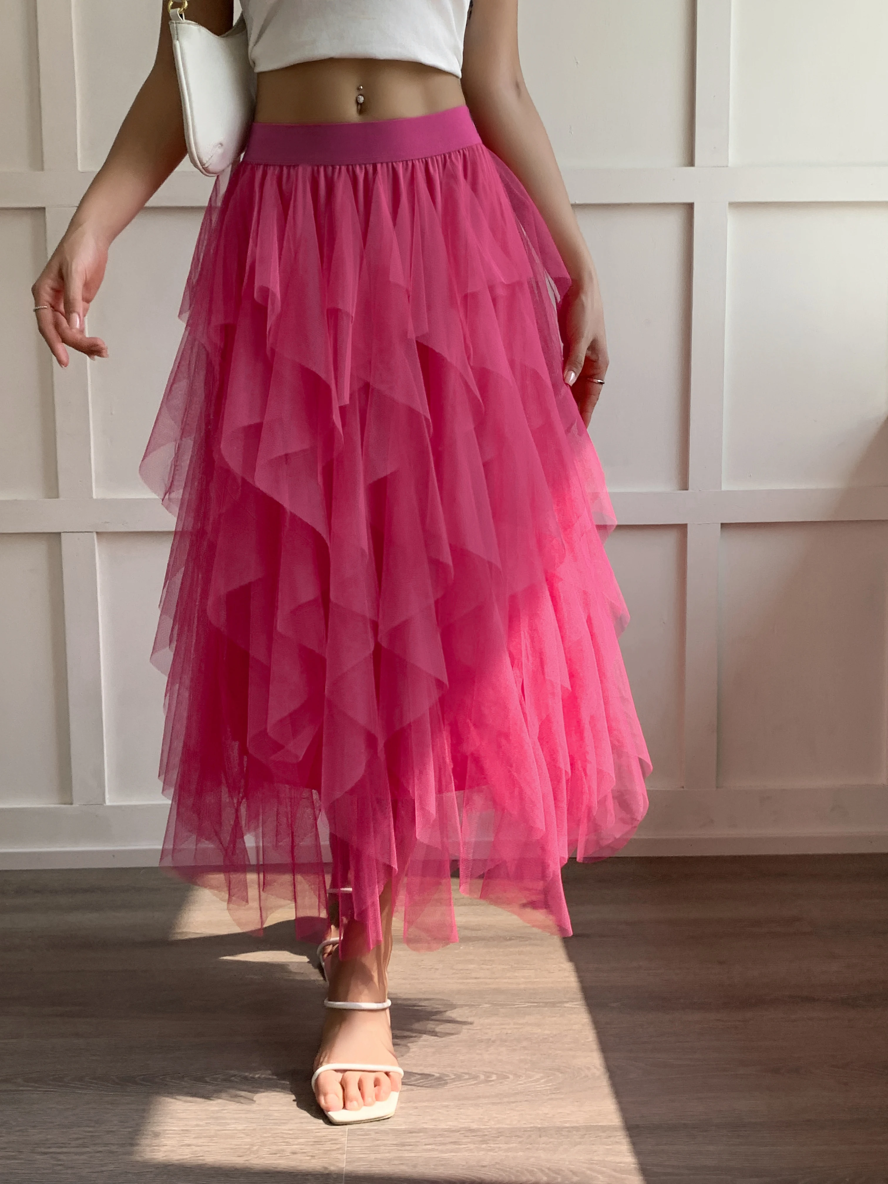 Mittellanger Chiffonrock für Damen, unregelmäßig geschichteter Faltenrock, eleganter Feenrock in A-Linie.