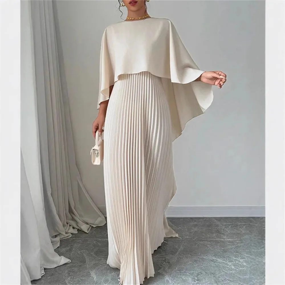 2026 New European Style Women Elegant Maxi Dress Batwing Sleeve Pleated Asymmetrical Loose Fit Fashion Ladies Long Dress