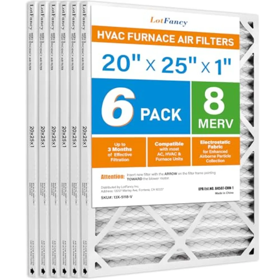 

20x25x1 Air Filter MERV 8 6-Pack Electrostatic Pleated Furnace and AC Filter Captures Dust Pet Hair Pollen Actual Size: 19.75"x
