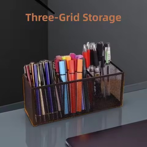 3 Grid Pen Pencil Holder Metal Multi Storage Box Desktop Stationery Office Storage Supplies
