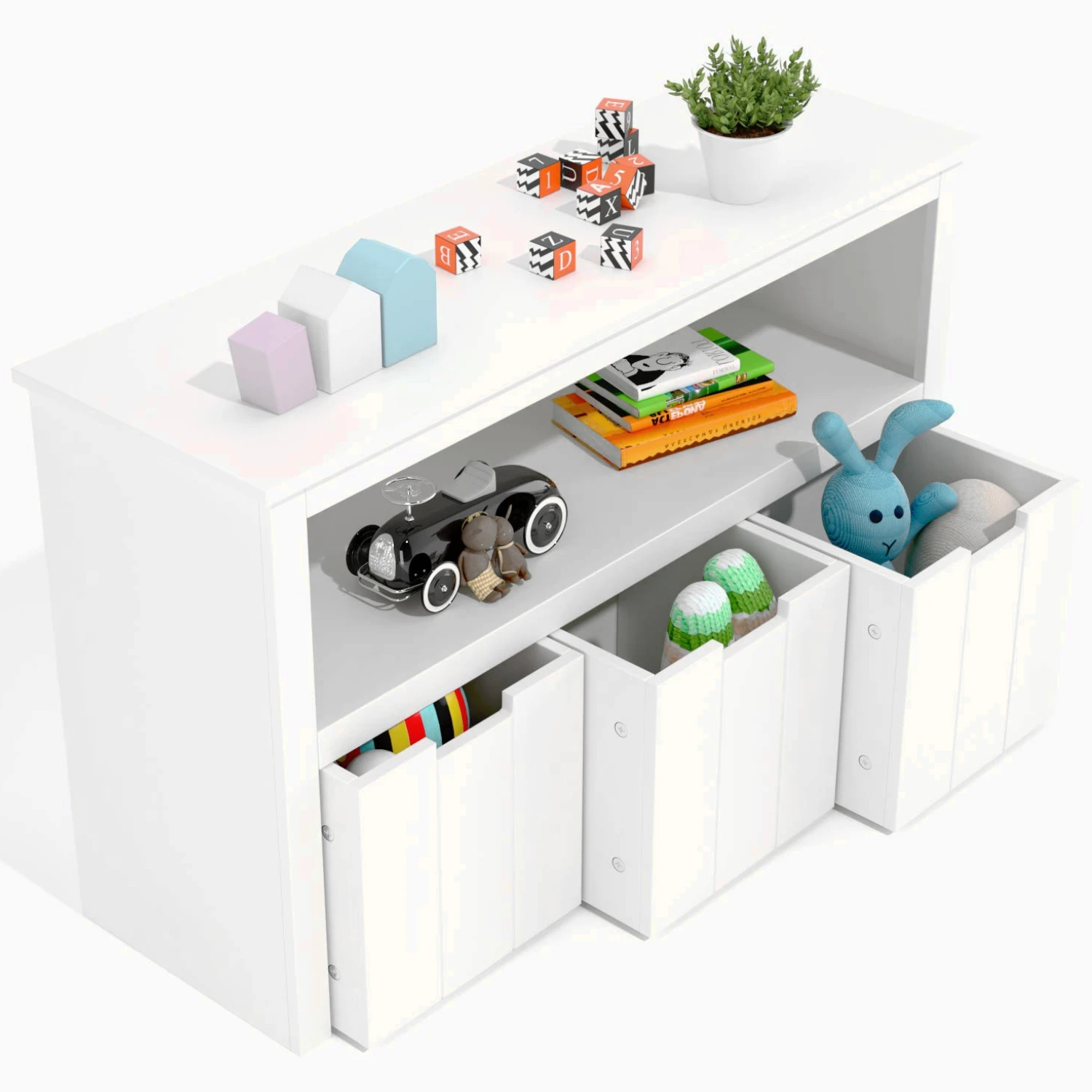 Getone Toy Storage Unit, Kids Bookcase, 3 Drawers with Wheels, Toy Storage Cabinet, White 102 x 33 x 61,5cm