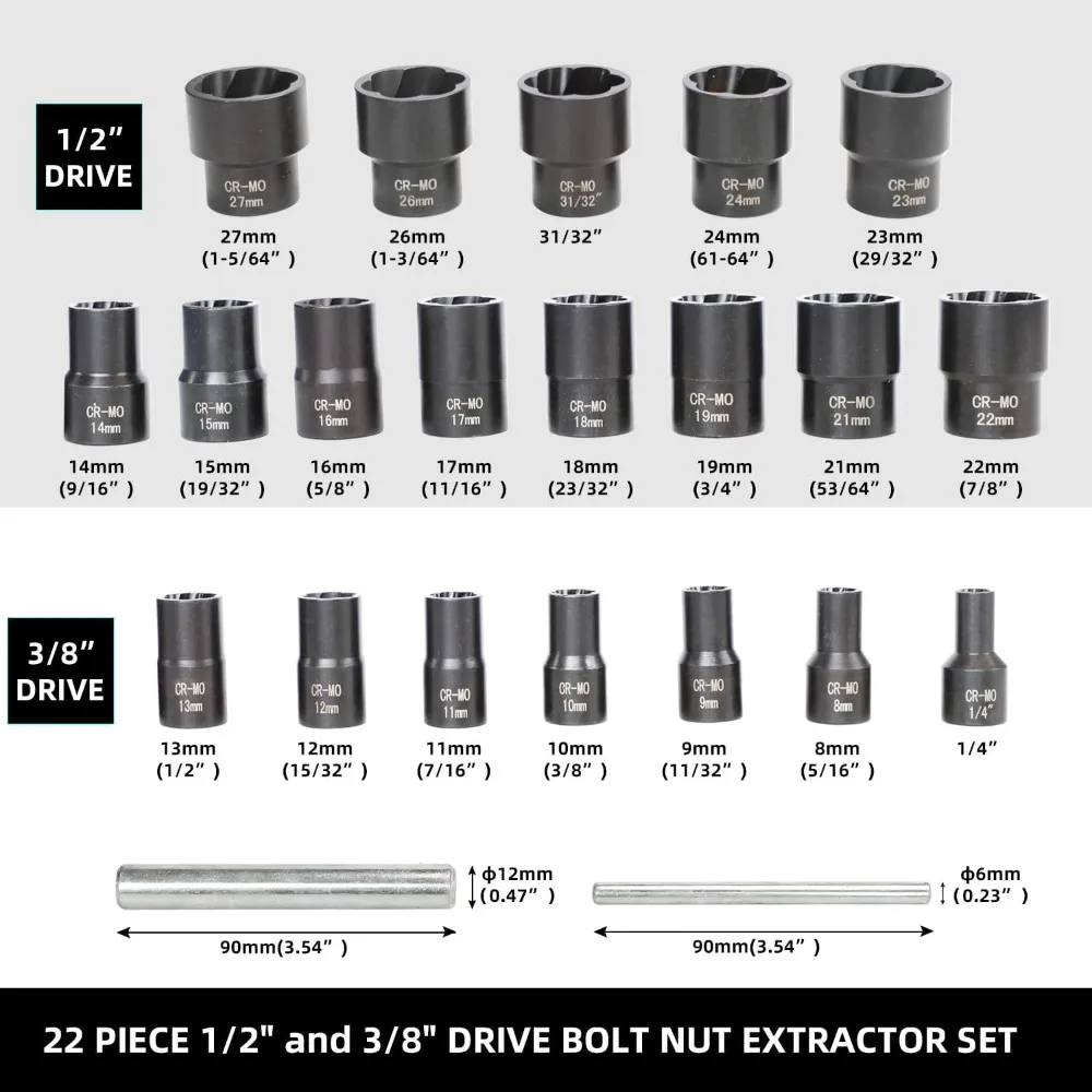 22 Piece Bolt Nut Extractor Set,1/2