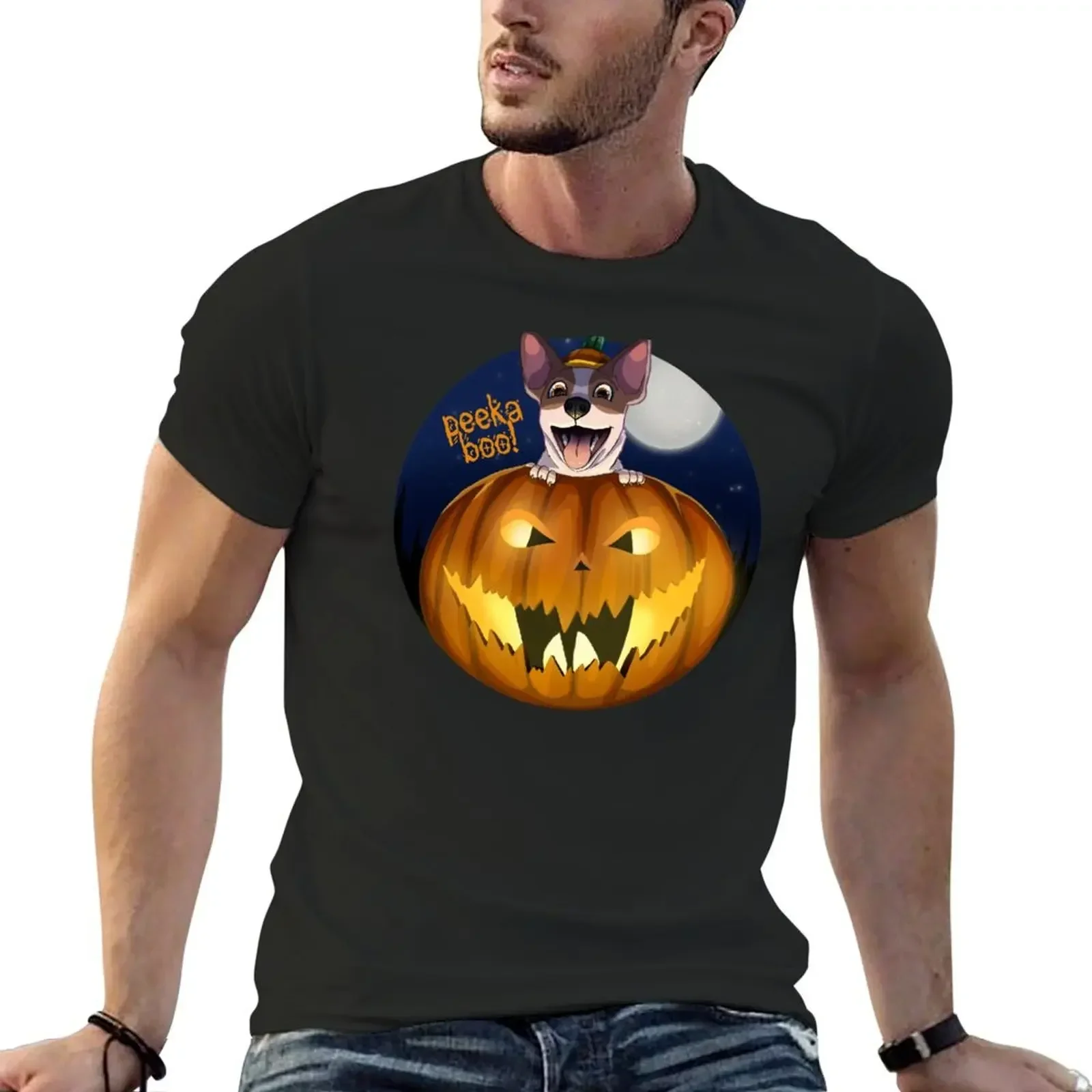 Peekaboo, jack russell puppy in a jack o lattern, halloween T-Shirt plain oversized blanks Men's t-shirts