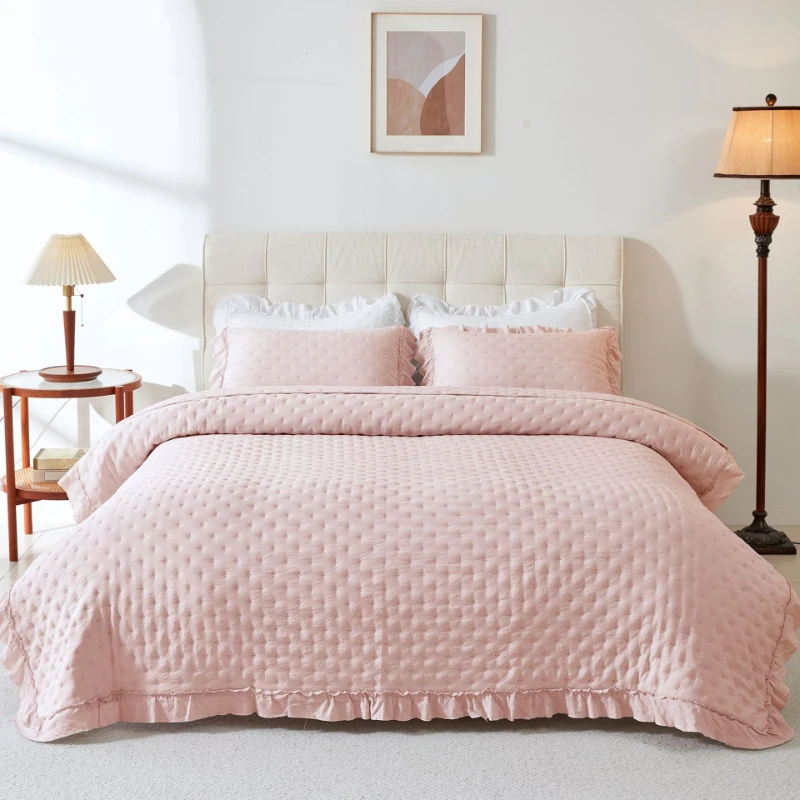 Ultra Soft Washed Brushed Summer Quilt 150x200cm 1-Piece Bedspread with Ultrasonic Embossed Lace Trim, INS Bedding Cover CHAUSUB