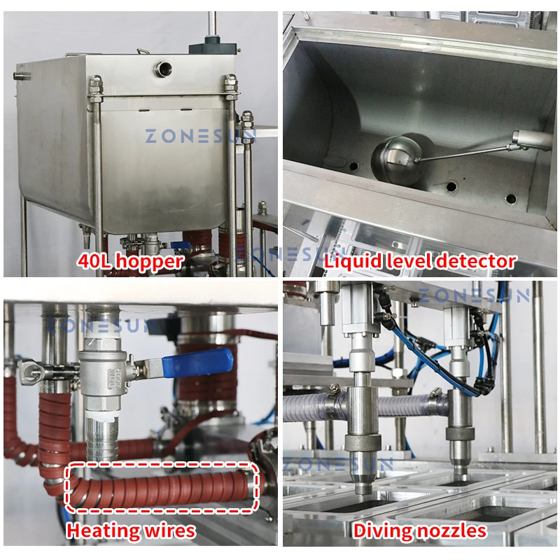 ZONESUN Liquid Heating Filling Cup Sealing Machine Automatic Piston Pump Paraffin Wax Jelly Food Packaging Production ZS-AFS01