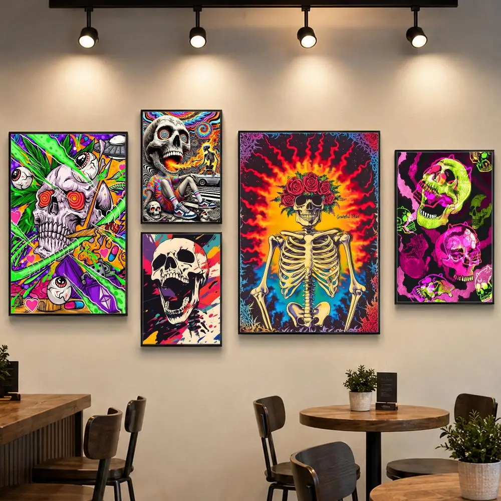 Psychedelic Art T-Trippy Skull Poster PP Paper Wall Art for Living Rooms Bars Cafes Stylish Home Decor Gift