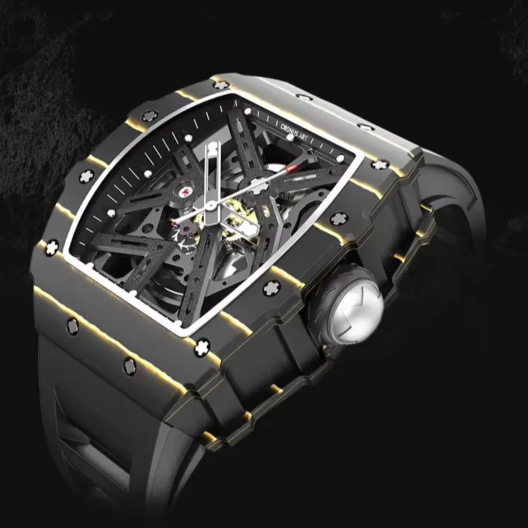 

CRONUSART Мужские автоматические часы 50*44 мм Механические наручные часы Tonneau Корпус из углеродного волокна Светящийся скелетонизированный циферблат Фторкаучуковый ремешок