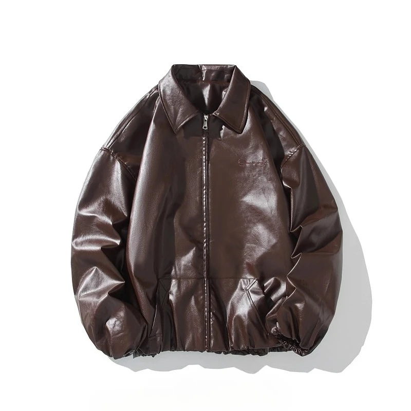 

New American fashion leather jacket, high-quality lapel zipper leather jacket, men's loose leather jacket